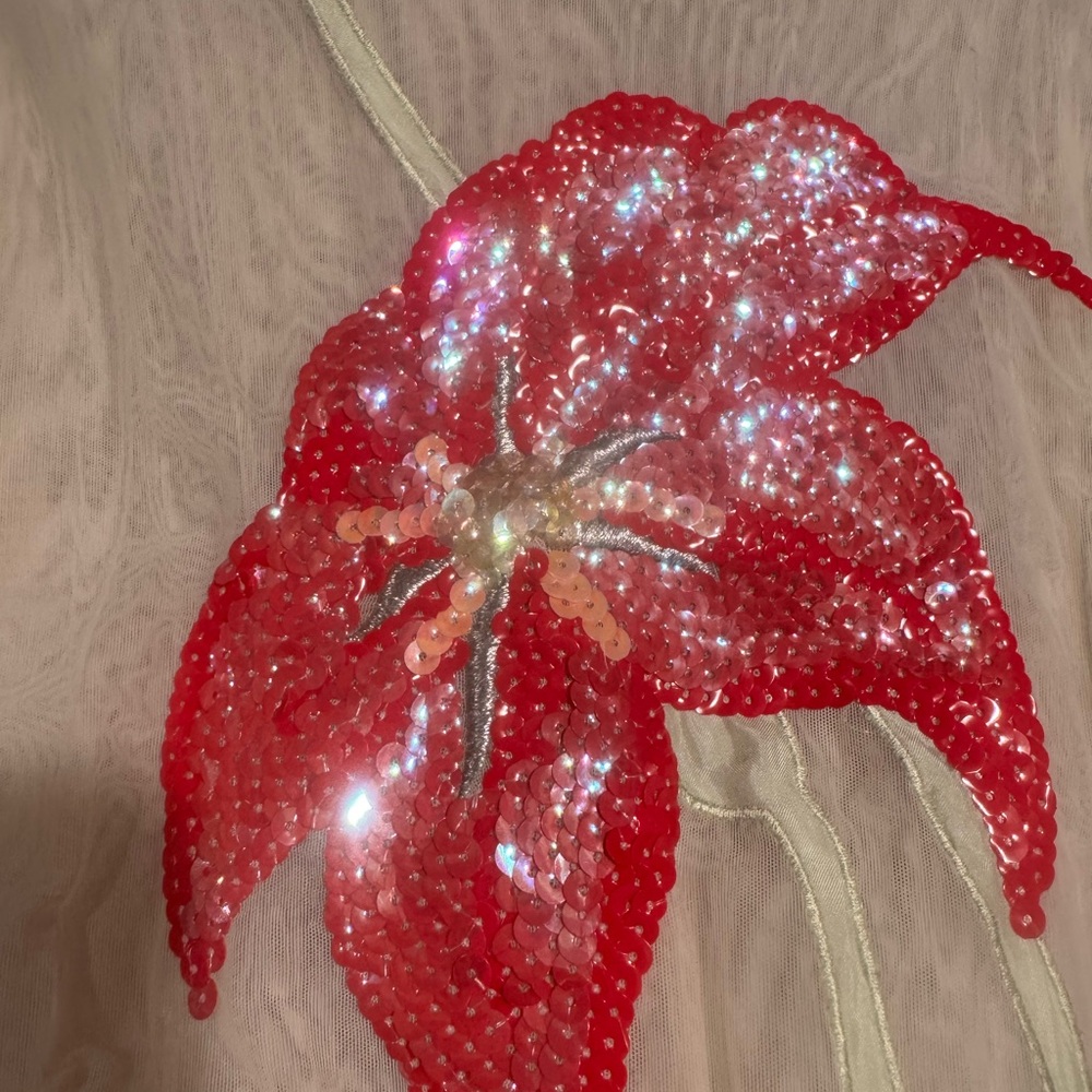 Red Sequin Floral Appliqué mesh top xs